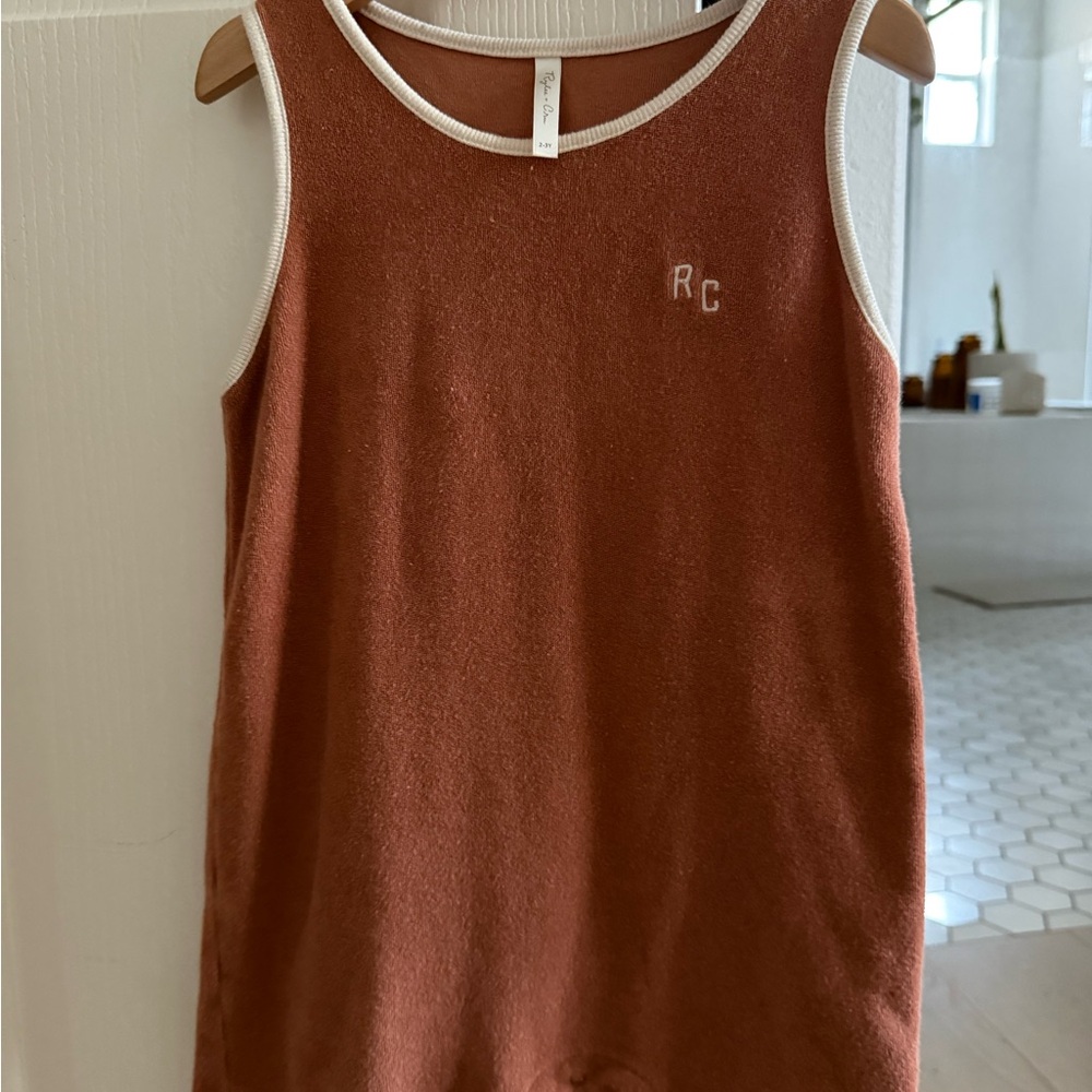 Rylee & Cru Rust Sleeveless romper with White Trim button bottom